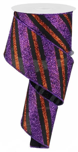 Yards Wired Purple, Black, and Orange Diagonal Stripe Glitter Halloween Ribbon-2.5”x10 Yards