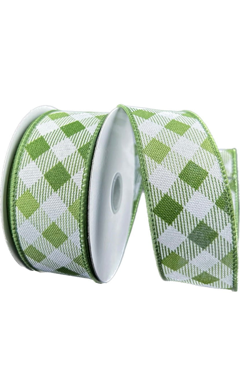 Wired Green and White Cross Check Ribbon-1.5”x10 Yards