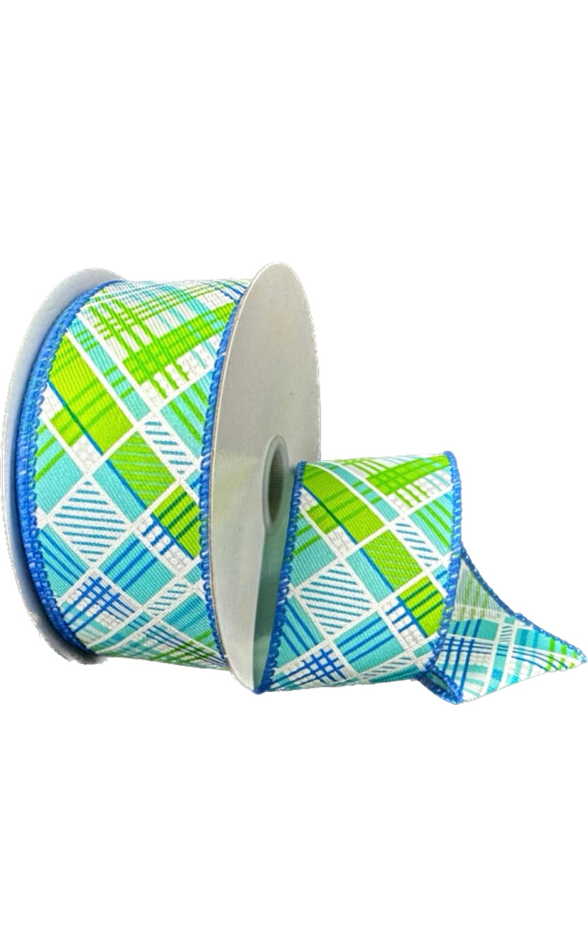 Wired Blue, Green, and White Diagonal Cabot Printed Plaid Ribbon-1.5”x10 Yards