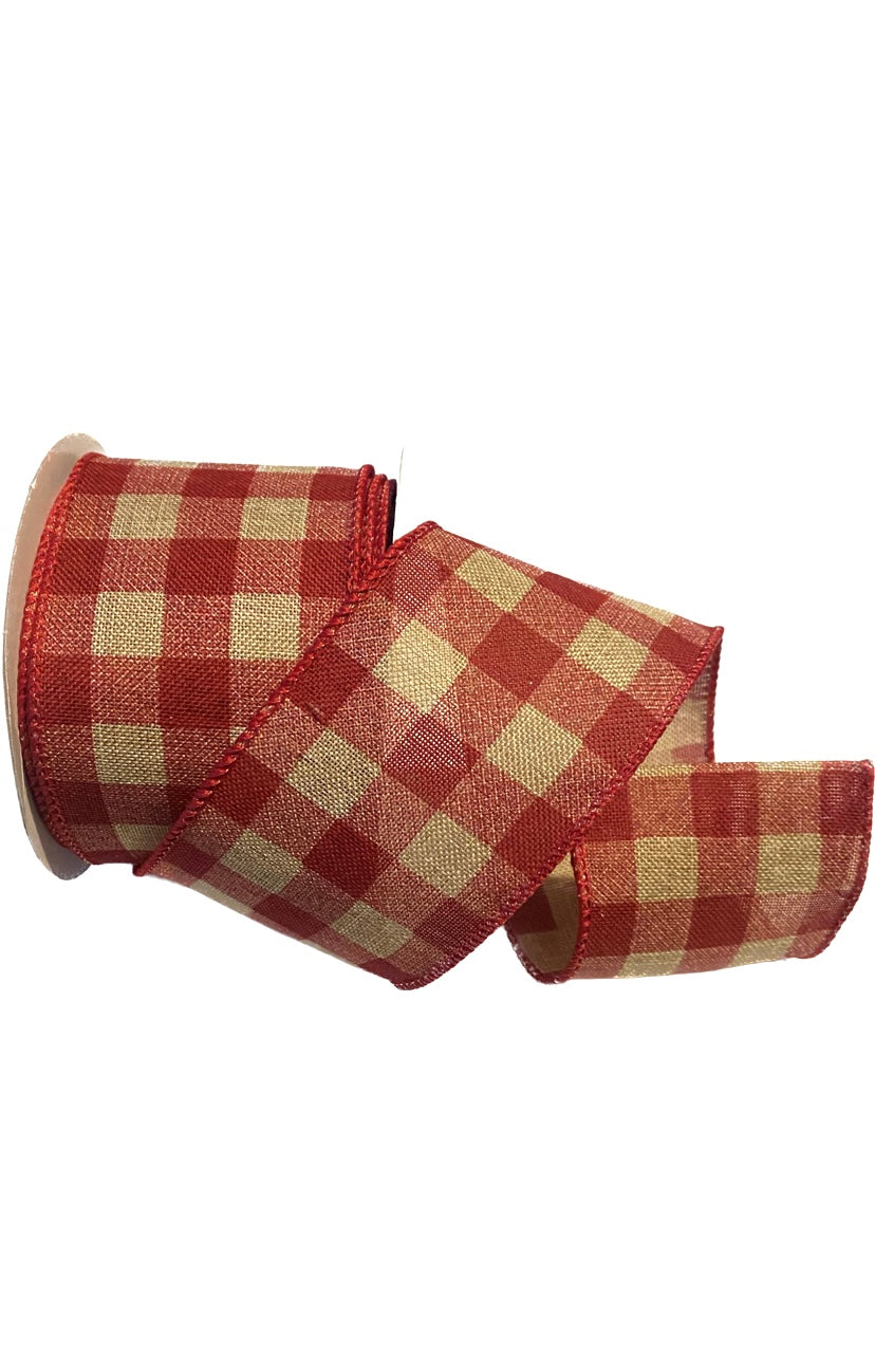 Wired Dark Red and Natural Check Primitive Ribbon-2.5”x10 Yards