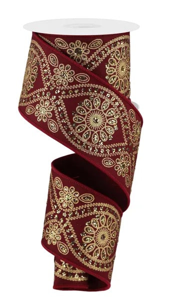 Wired Wine Red Deluxe Wavy Floral Ribbon- 2.5”x 10 Yards