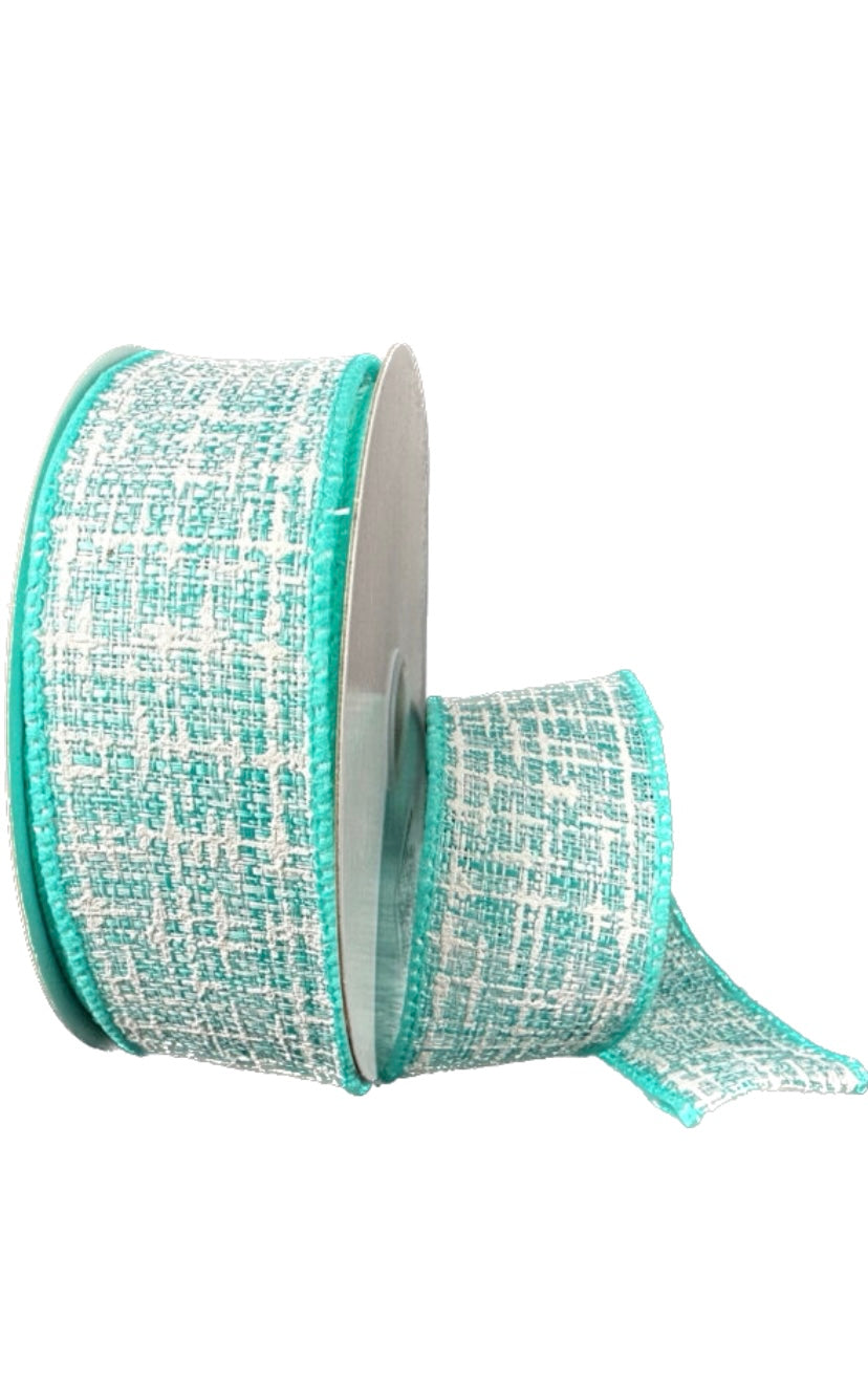 10 Yards - 1.5” Wired Aqua Blue and White Embellished Tweed Ribbon