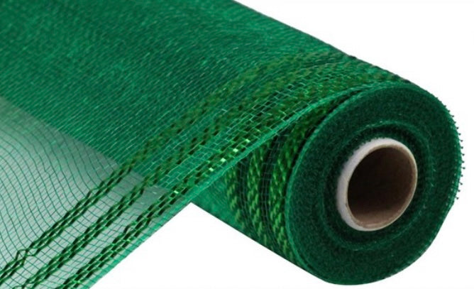 Emerald Green Border Stripe Metallic Mesh- 10”x10 Yards