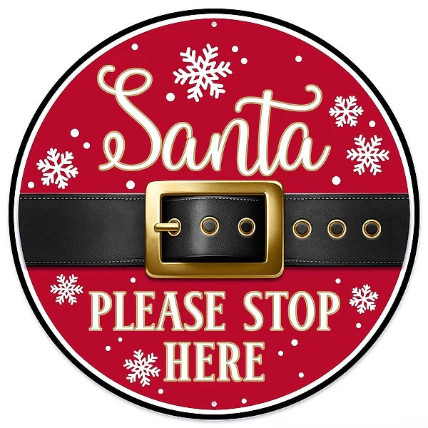 12" Round Metal Santa Please Stop Here Wreath Signs