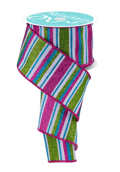 Wired Lime, Pink, Teal, and White Horizontal Stripe Glitter Accent Ribbon- 2.5”x10 Yards