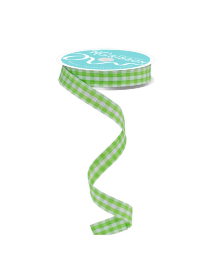 Wired Lime Green and White Gingham Check Accent Ribbon-5/8”x10 Yards