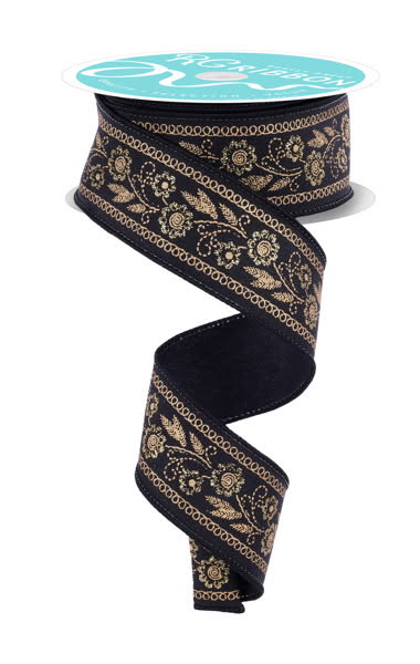 Wired Black and Gold Embroidered Style Floral Ribbon- 1.5”x10 Yards