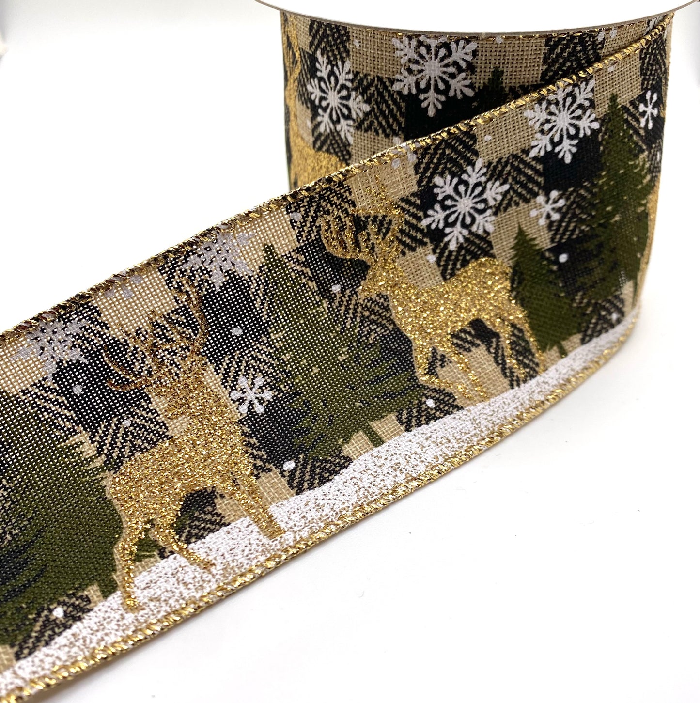 10 Yards - 2.5” Wired Natural Faux Burlap Gold Glitter Deer Moss Trees Snow Ribbon