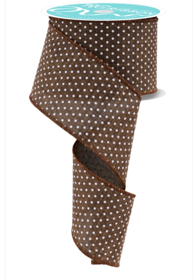 10 Yards - 2.5” Wired Brown and White Swiss Dot Ribbon