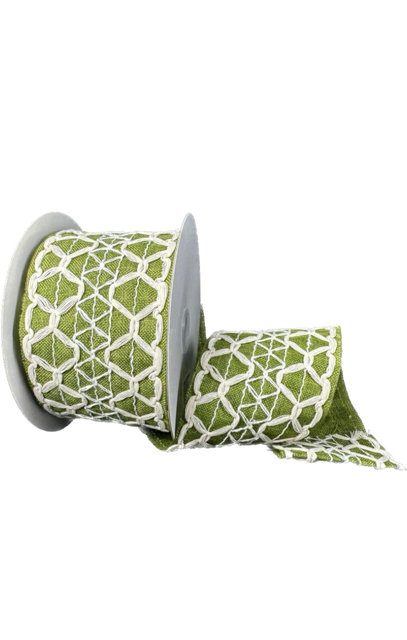 10 Yards - 2.5” Wired Ivory Scallop Weave Moss Green Burlap Ribbon