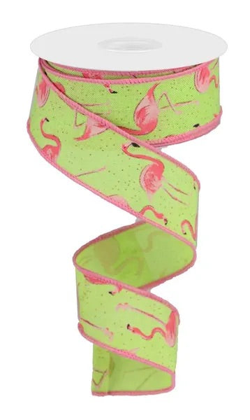Wired Lime Green Pink Flamingo Ribbon with Glitter Accent-2.5”x10 Yards