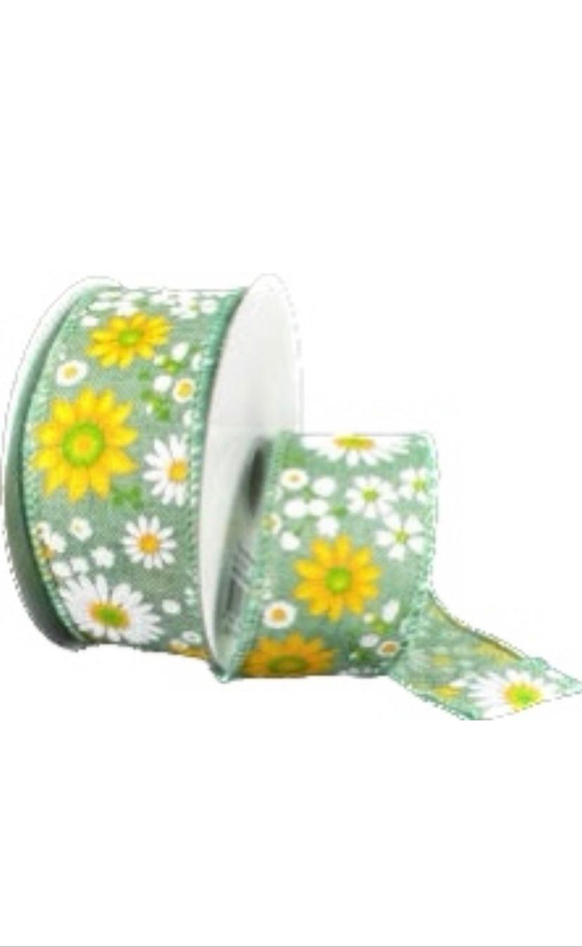 Wired Lime Linen Spring Flowers Explosion Ribbon-1.5”x10 Yards