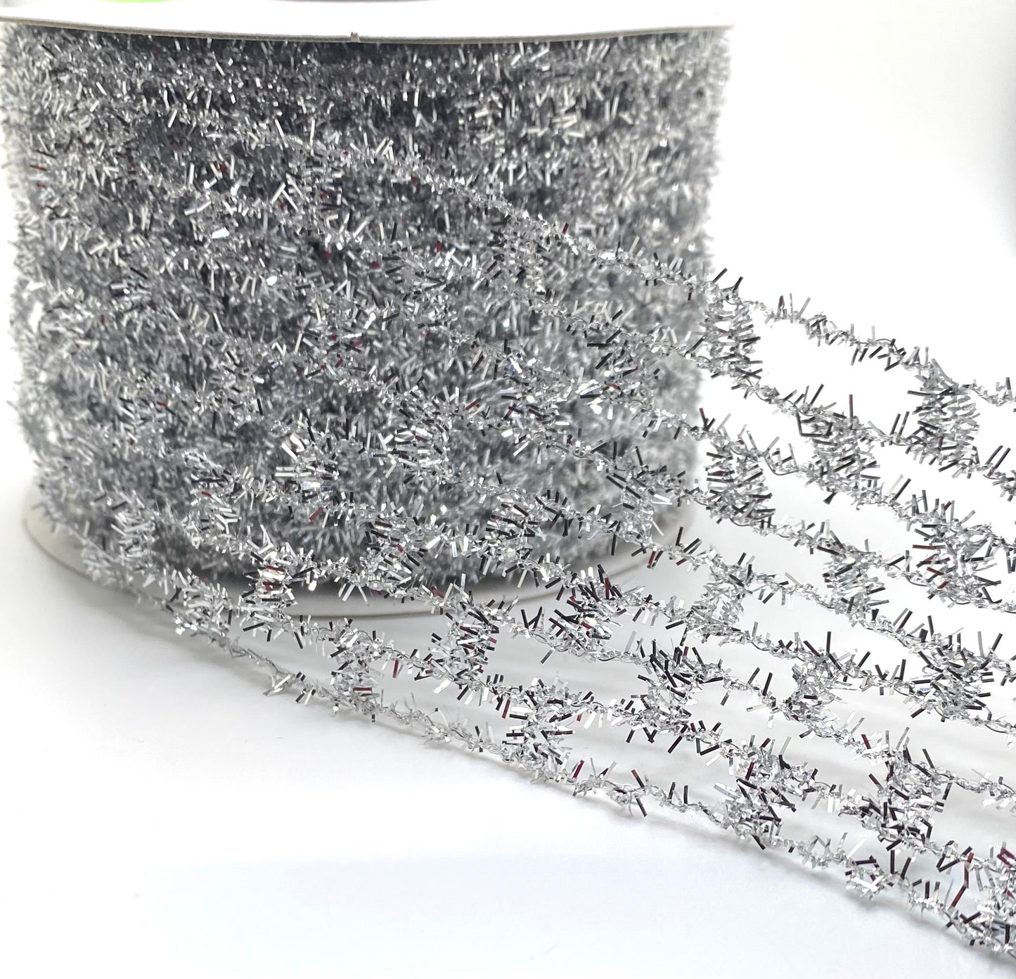 Wired Silver Sparkle Expandable Tinsel Ribbon-2.5”x10 Yards