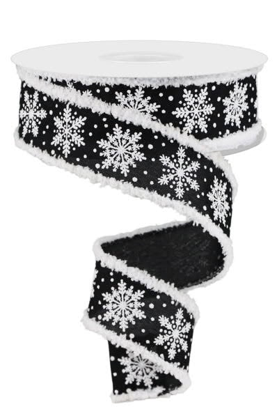 Wired Black and White Winter Snowflake Ribbon with Snowdrift Edge- 1.5”x10 Yards