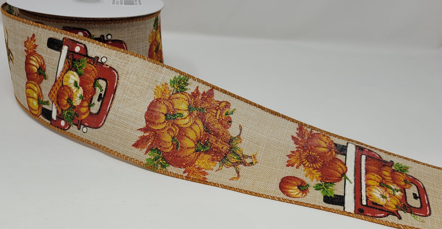 10 Yards - 2.5” Wired Red Truck with Pumpkins Fall Ribbon with Glitter Accent