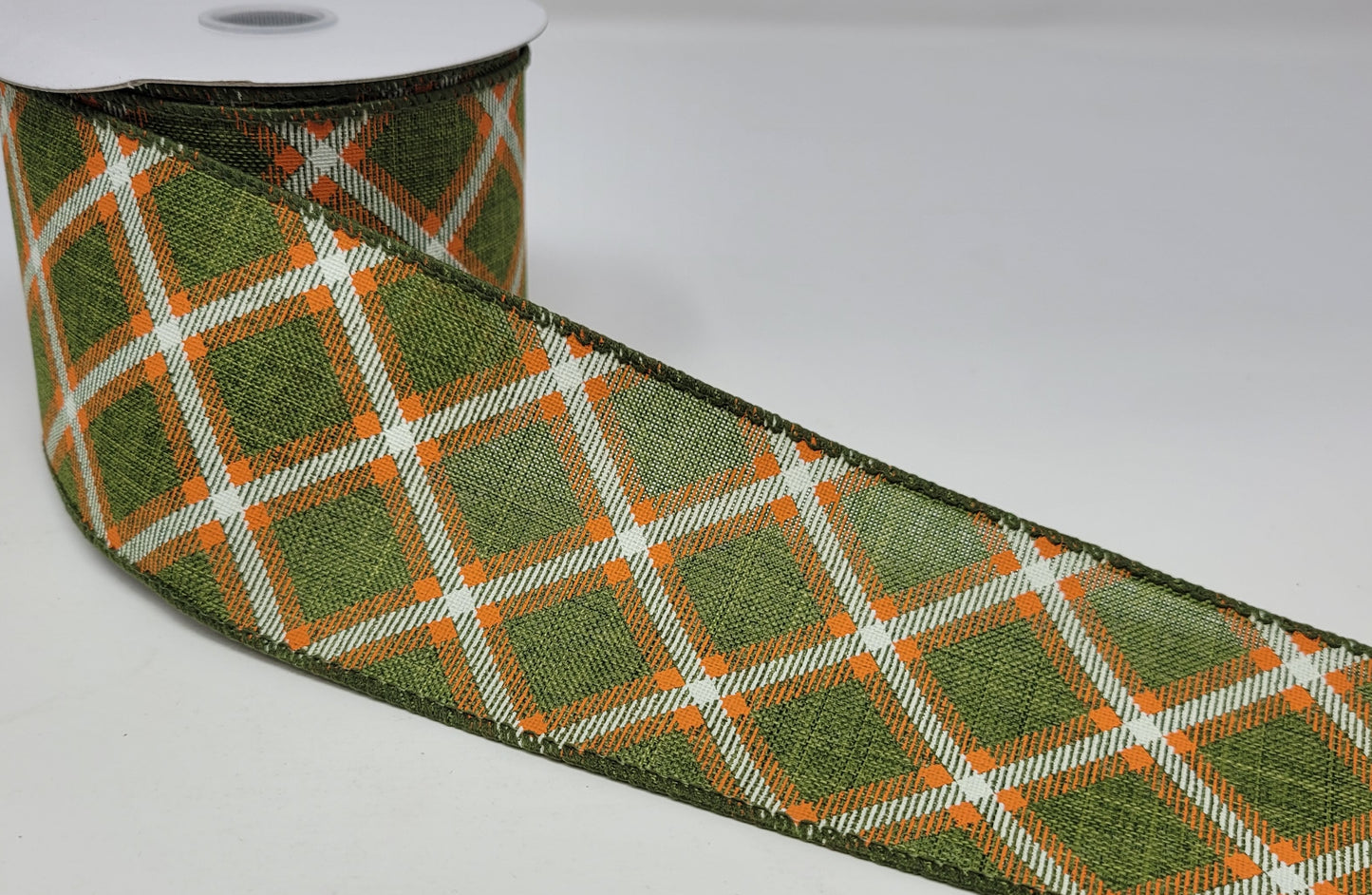 10 Yards - 2.5” Wired Olive Green, Orange, and Cream Cross Check Ribbon