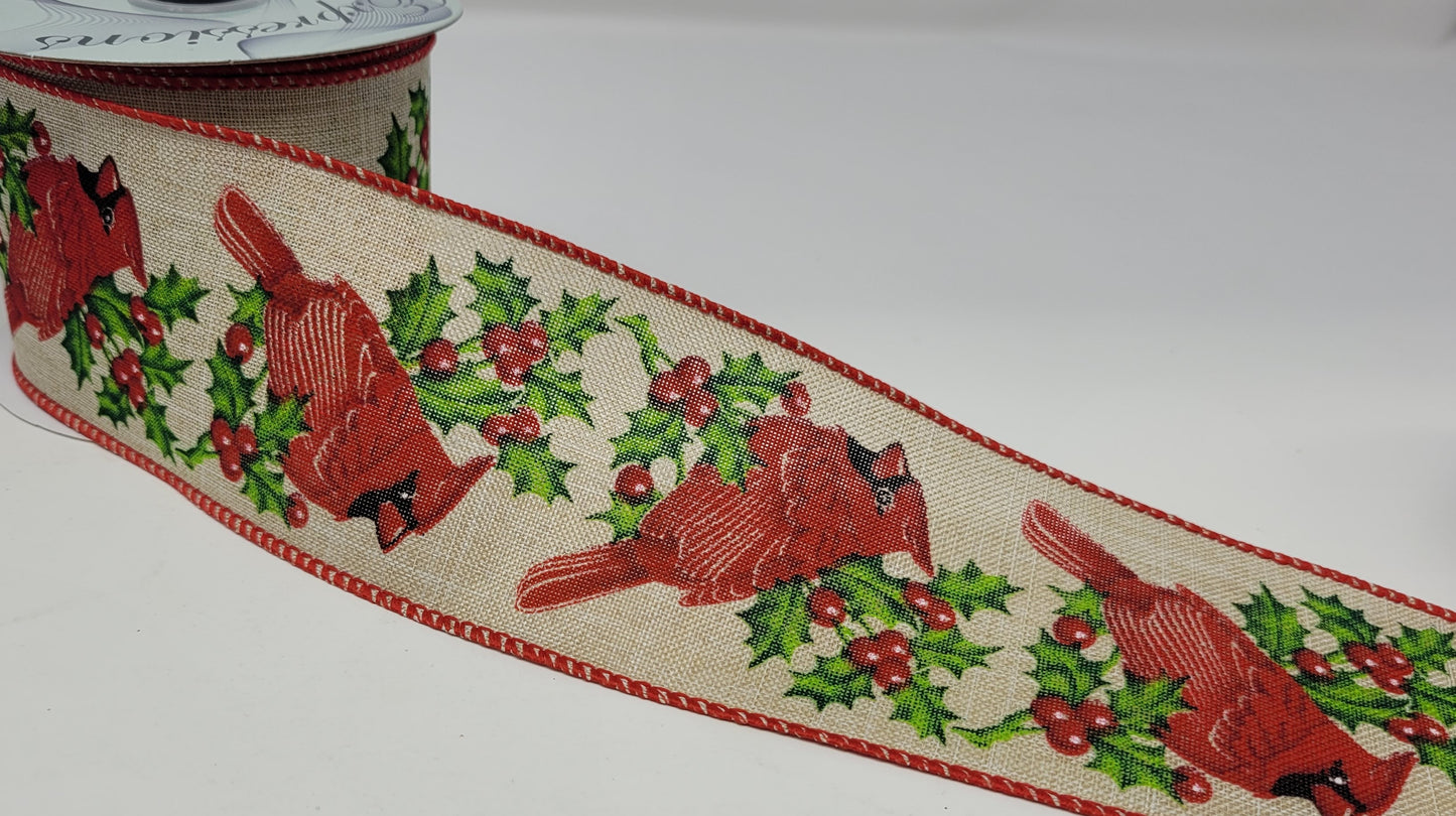 10 Yards - 2.5” Wired Red Cardinal Holly Berry Ribbon
