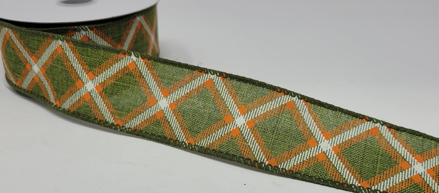 10 Yards - 1.5” Wired Olive Green, Orange, and Cream Cross Check Ribbon