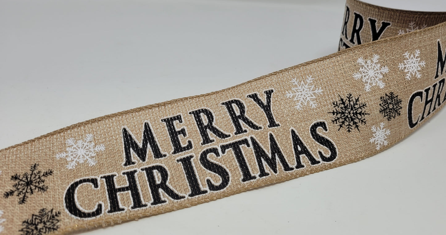 10 Yards - 2.5” Wired Natural Merry Christmas Snowflake Ribbon