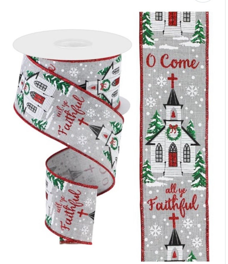 10 Yards - 2.5” Wired O Come All Ye Faithful Christmas Church Glitter Ribbon