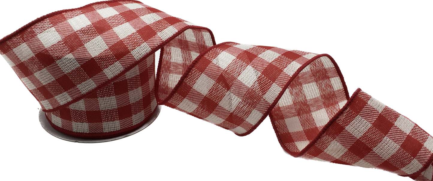 10 Yards - 2.5” Wired Red and White Gingham Ribbon