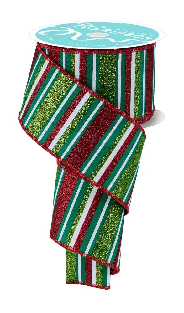 Wired Red, Green, and White Horizontal Stripe Glitter Accent Ribbon- 2.5”x10 Yards