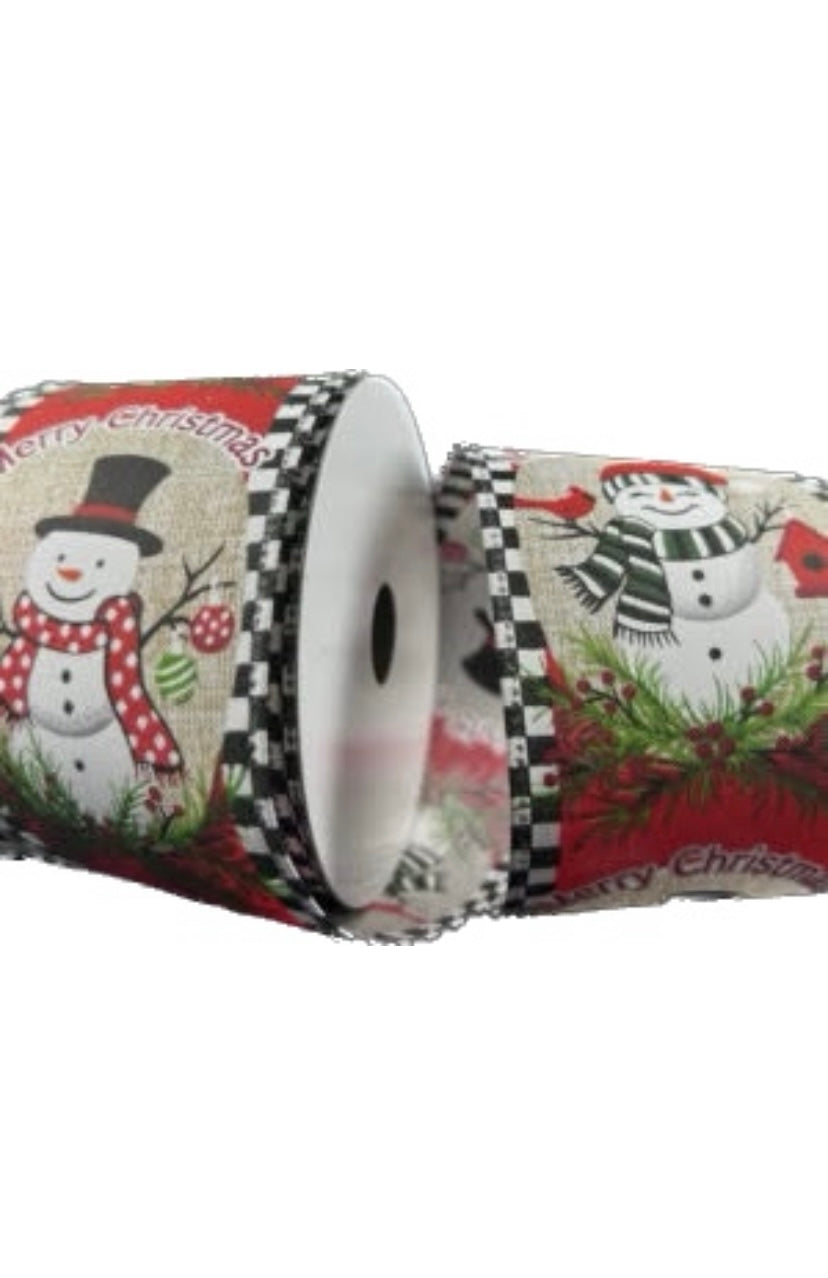 Wired Natural Print Cute Snowmen Ribbon- 2.5”x10 Yards