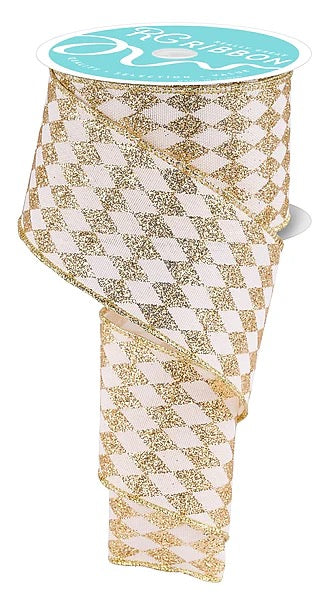 Wired Cream and Gold Harlequin Ribbon- 2.5”x10 Yards