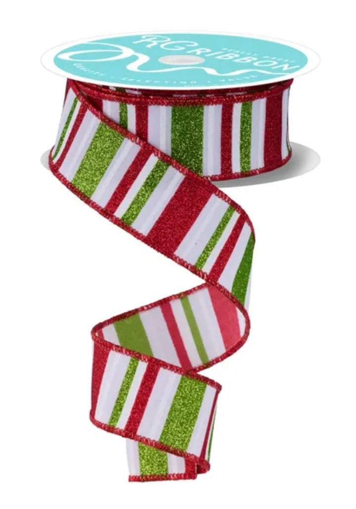 Wired Lime, Red, and White Horizontal Stripe Glitter Accent Ribbon- 1.5”x10 Yards