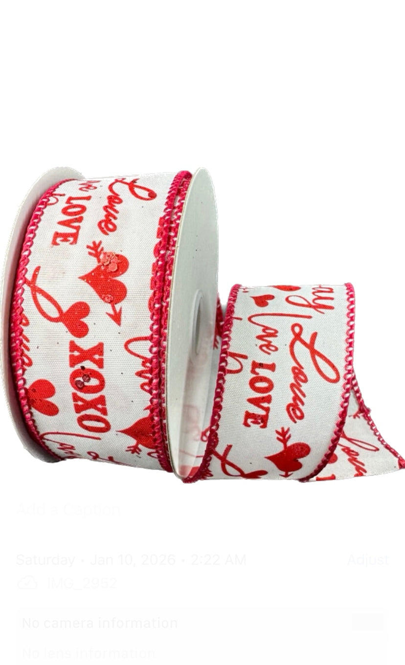 Wired White Satin Red Love XOXO Script Red Glitter Accent Valentines Day Ribbon- 1.5”x10 Yards