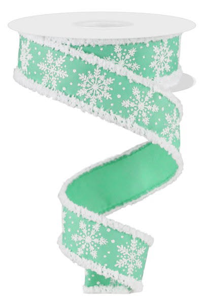 Wired Mint Green and White Winter Snowflake Ribbon with Snowdrift Edge- 1.5”x10 Yards