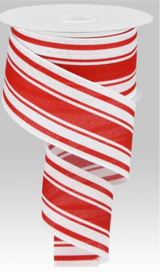 10 Yard - 2.5” Wired Red and White Farmhouse Stripe Ribbon