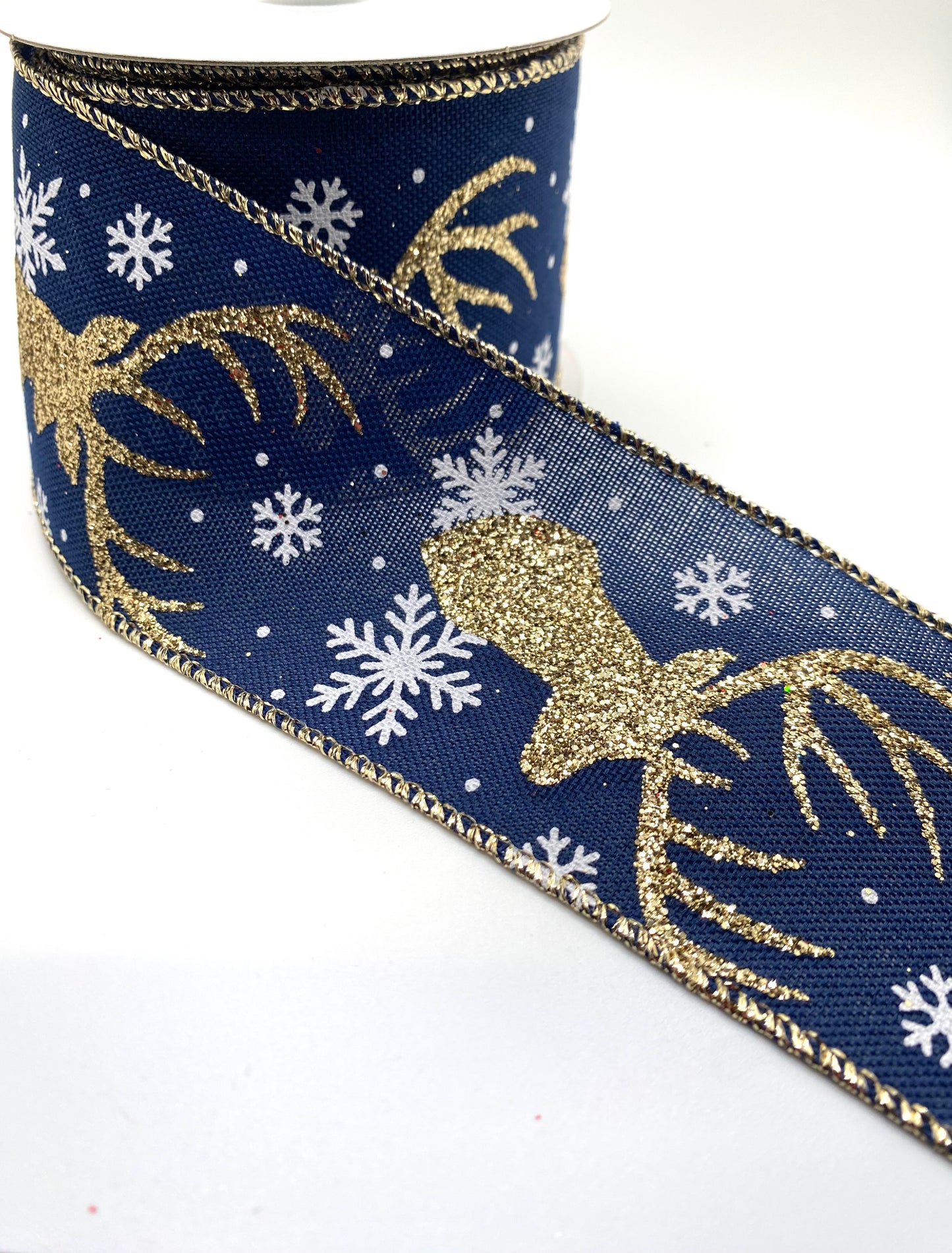 10 Yards - 2.5” Wired Navy Linen Gold Deer and Snowflake Ribbon