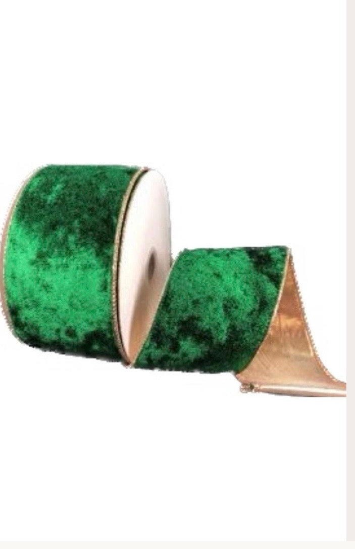 Wired Hunter Green Crushed Velvet Gold Trim Christmas Ribbon- 2.5”x10 Yards