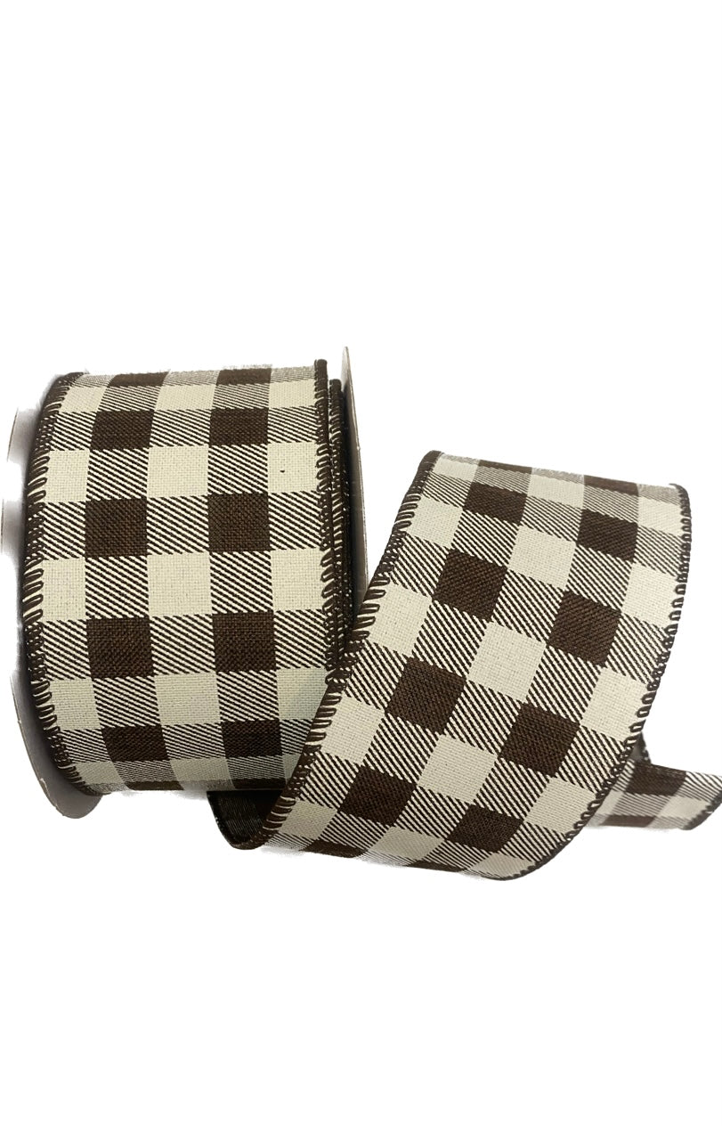 Wired Chocolate and Cream Printed Check Ribbon, Fall Ribbon for Bows, Everyday Ribbon- 2.5”x10 yards