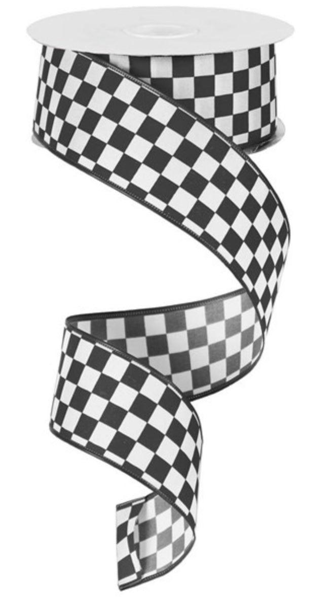 10 Yards - 1.5” Wired Black and White Race Check Ribbon
