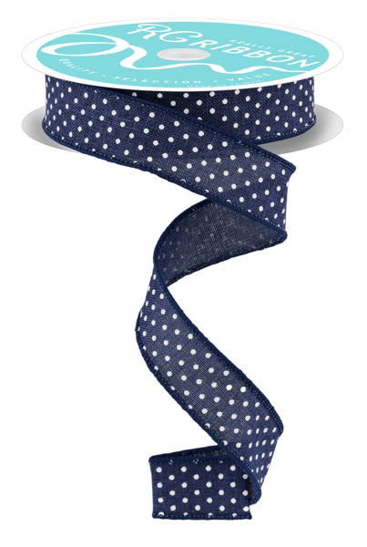 10 Yards - 7/8" Wired Navy and White Swiss Dot Ribbon
