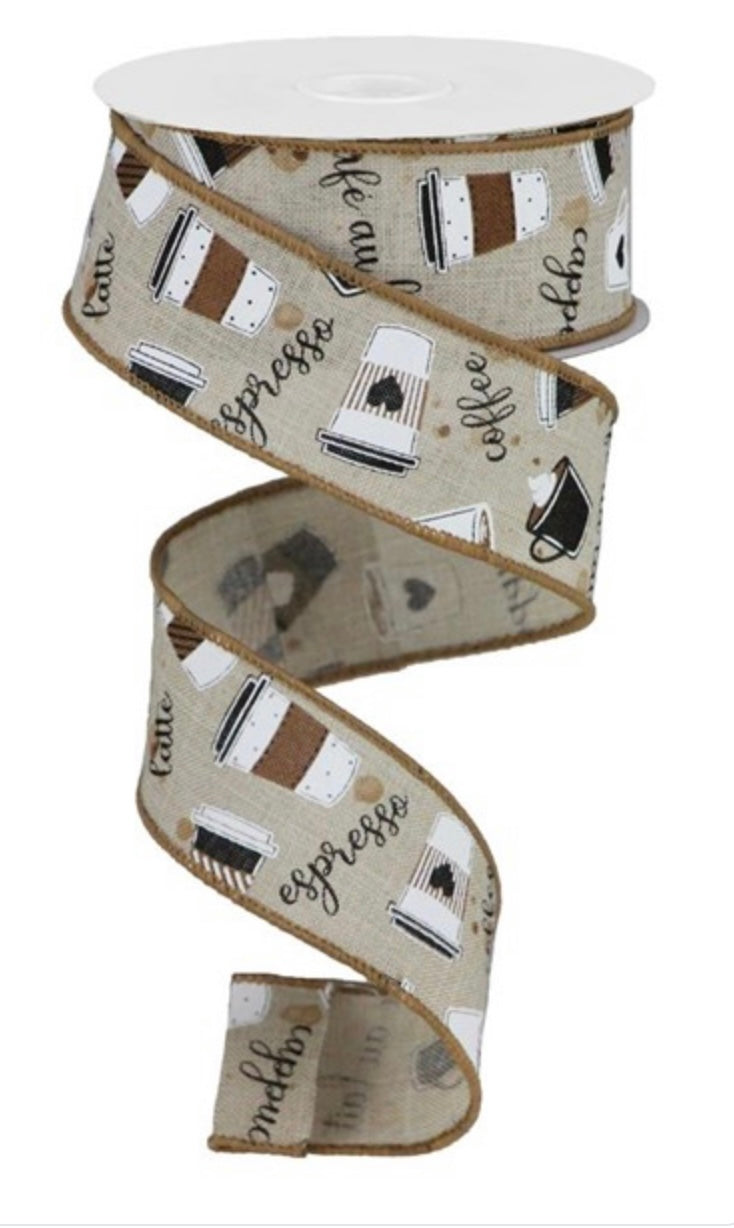 10 Yards - 1.5” Wired Natural Background Coffee and Latte Ribbon
