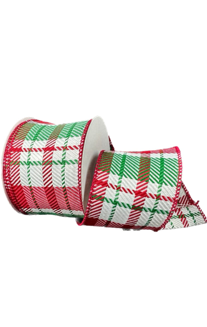 Wired Red, Emerald, White Christmas Plaid Ribbon- 2.5”x10 Yards