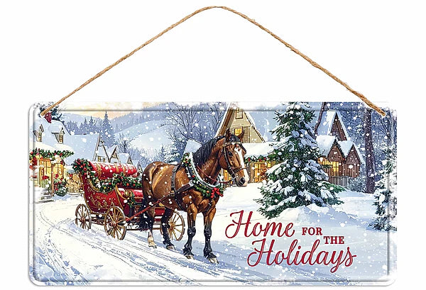 Home for the Holidays Metal Tin Wreath Sign- 12”x6”