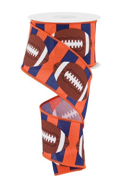 10 Yards - 2.5” Wired Orange with Navy Blue Stripes Football Ribbon