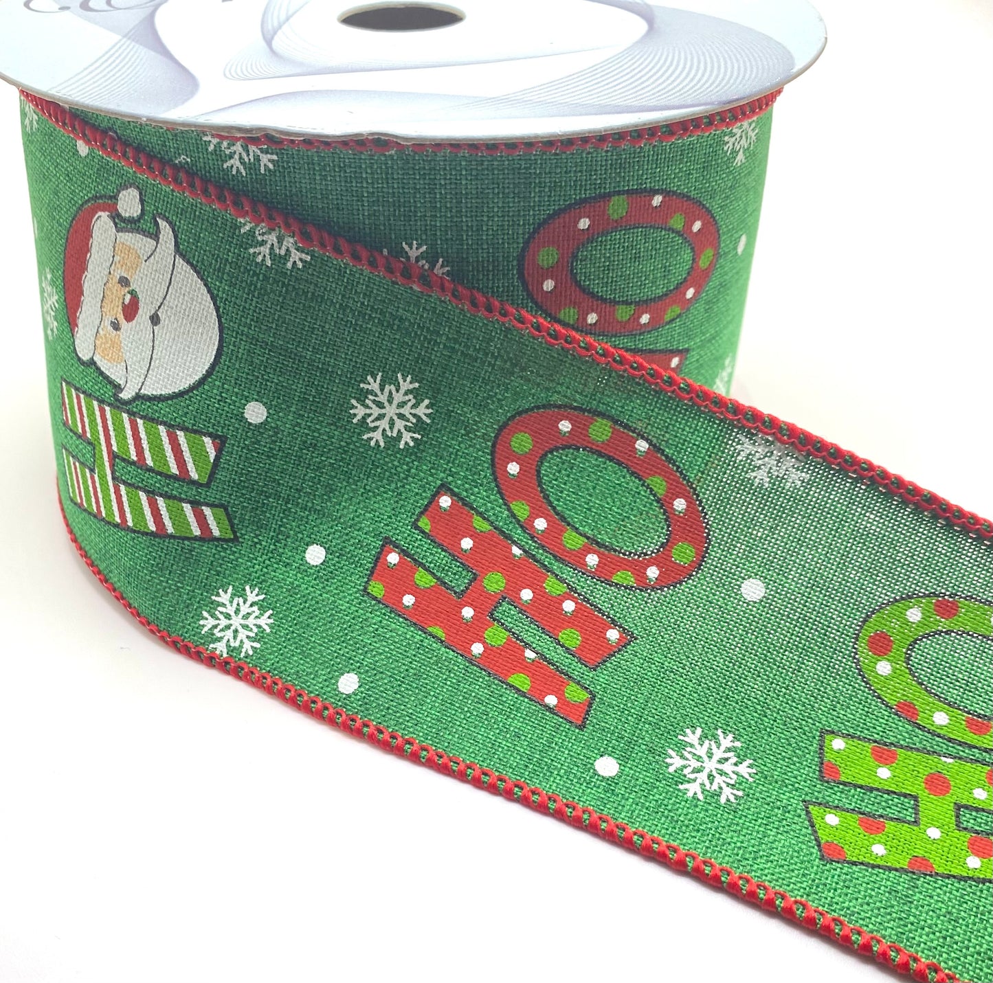 10 Yards - 2.5” Wired Green Background HO HO HO Ribbon