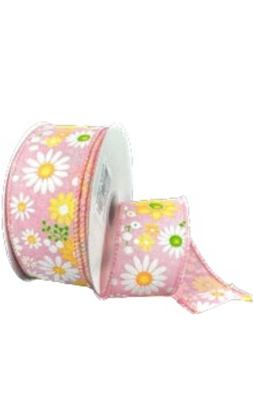 Wired Pink Linen Spring Flowers Ribbon-1.5”x10 Yards