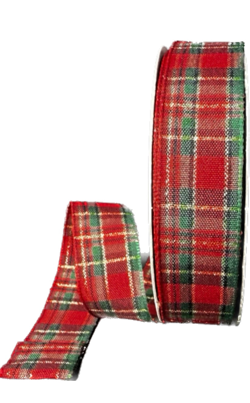 Wired Classic Hunter Green, Red, and Gold Christmas Plaid Ribbon- 7/8”x10 Yards