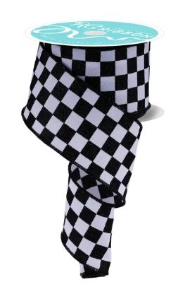 Wired White and Black Print Glitter Check Ribbon- 2.5”x10 Yards