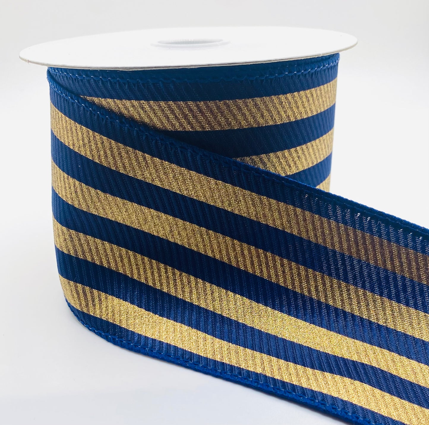 10 Yards - 2.5” Wired Navy Diagonal Line Gold Painted Cabana Strip Ribbon