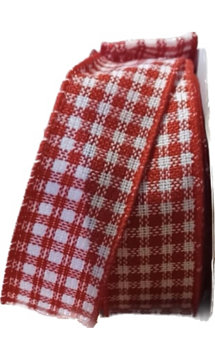10 Yards - 1.5" Wired Red and White Woven Gingham Check Ribbon - Everyday Ribbon