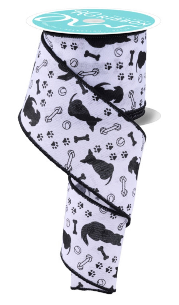 10 Yards - 2.5” Wired Dog, Bone and Paw Print White Background Ribbon