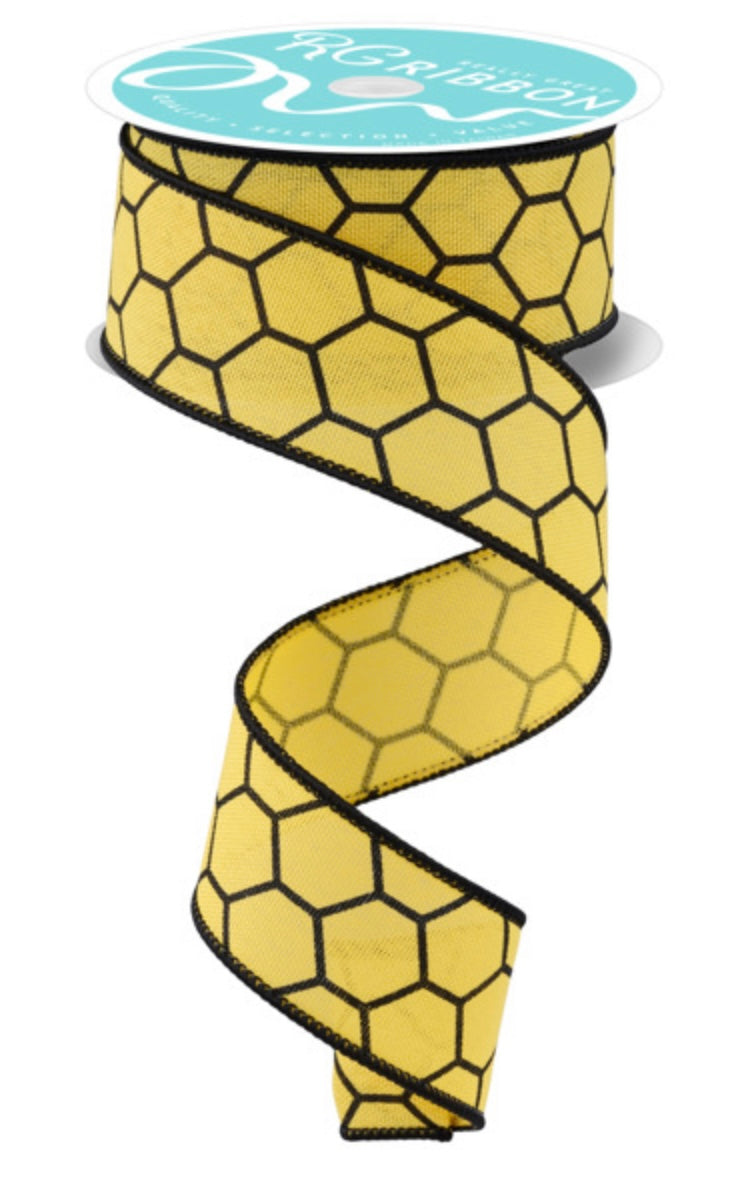10 Yards - 1.5” Wired Yellow and Black Honeycomb Ribbon