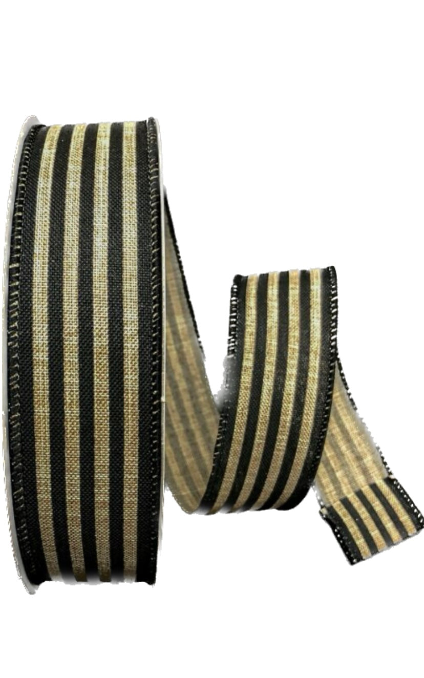 50 Yards - 1.5” Wired Natural Background with Black Stripes Ribbon